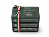 Front view of Saponificio Zeni Green Tea soap set for men showing 3 x 150g paper-wrapped bars, Made in Italy label, and woven tricolour ribbon tie
