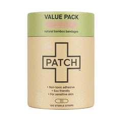 Patch bandage container with green lid and beige body on a white background