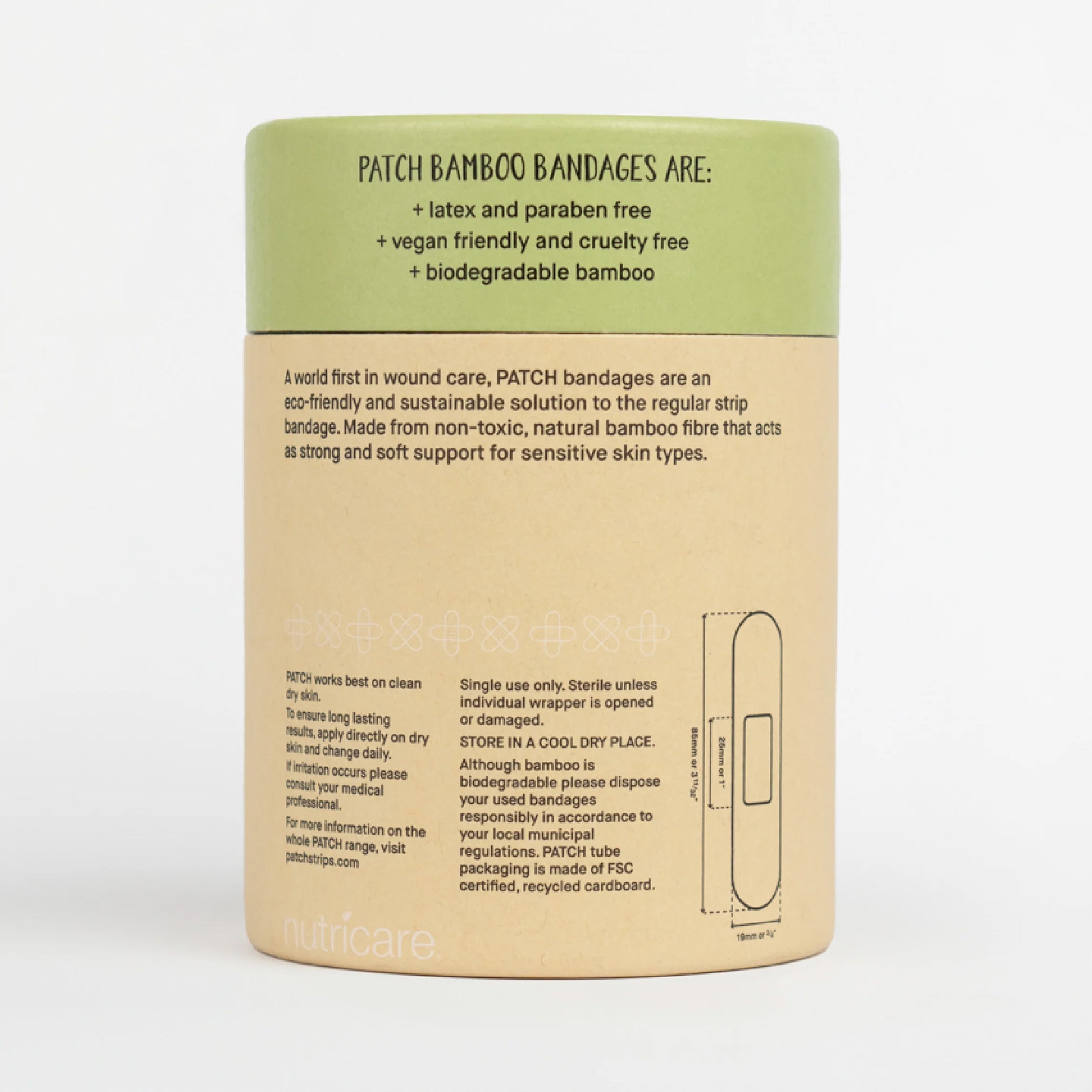 Back of PATCH bamboo bandage eco-tube displaying product benefits including latex-free, vegan-friendly, biodegradable and usage instructions with FSC certification