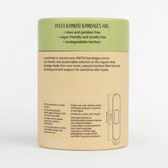 Back of PATCH bamboo bandage eco-tube displaying product benefits including latex-free, vegan-friendly, biodegradable and usage instructions with FSC certification