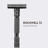Rockwell T2 dial adjustable safety razor in matte stainless steel showing full-length view with numbered adjustment dial visible marked with settings 2 and 1, knurled grip handle, and precision-engineered butterfly head design