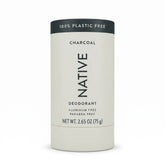 Native Charcoal plastic-free deodorant stick in a beige paperboard tube with black cap, front label showing 2.65 oz net weight, aluminum-free and paraben-free.