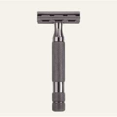 Rockwell 6C adjustable safety razor in gunmetal chrome finish showing diamond-knurled handle and precision blade guard with numbered settings