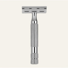 Rockwell 6C double-edge safety razor in white chrome finish displaying polished metal construction with textured grip handle