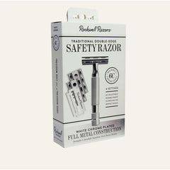 Rockwell 6C traditional double-edge safety razor retail packaging showing white chrome plated full metal construction and 6 settings with included Swedish stainless steel blades
