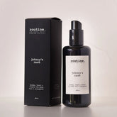 Routine Johnny's Cash Natural Mist - black glass spray bottle with black packaging box showing 200ml woodsy fresh and classic pine-scented multi-use body hair and atmosphere formula