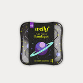 Welly Space flex fabric bandages tin in black with purple ringed planet design, yellow stars, white constellations, and 48 count badge on grey background