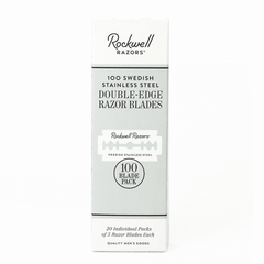 Rockwell Razors 100-blade pack in white and silver packaging showing Swedish stainless steel double-edge razor blades with modern minimalist design.
