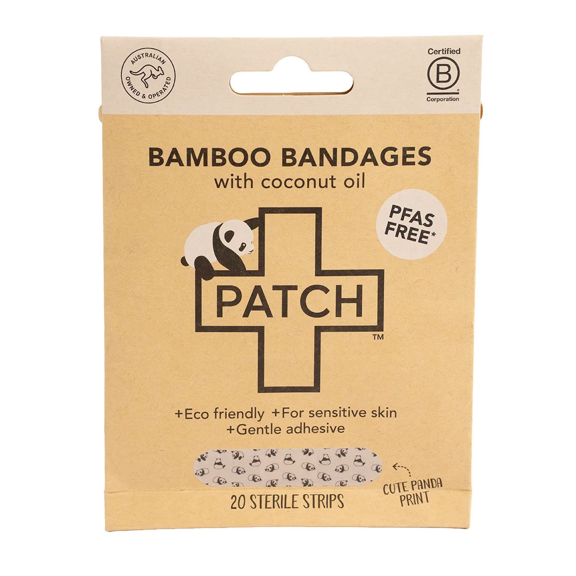PATCH Kids Coconut Panda bamboo bandages box with panda illustration, sustainable packaging, total 20 sterile strips.