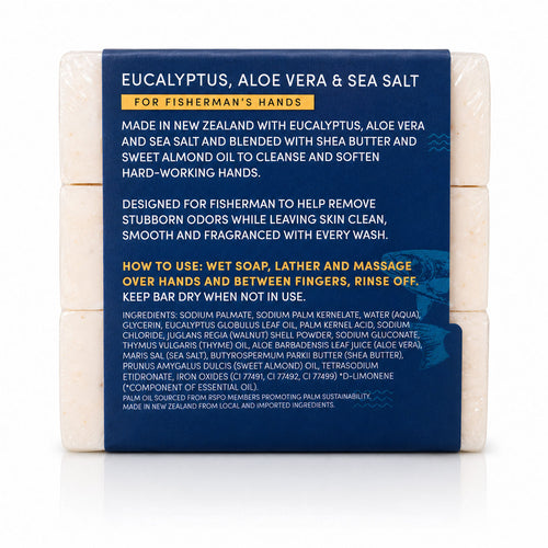 Back label of Beau & Duke Fisherman's Hands soap bar showing full ingredient list, usage directions, and RSPO palm oil sourcing statement