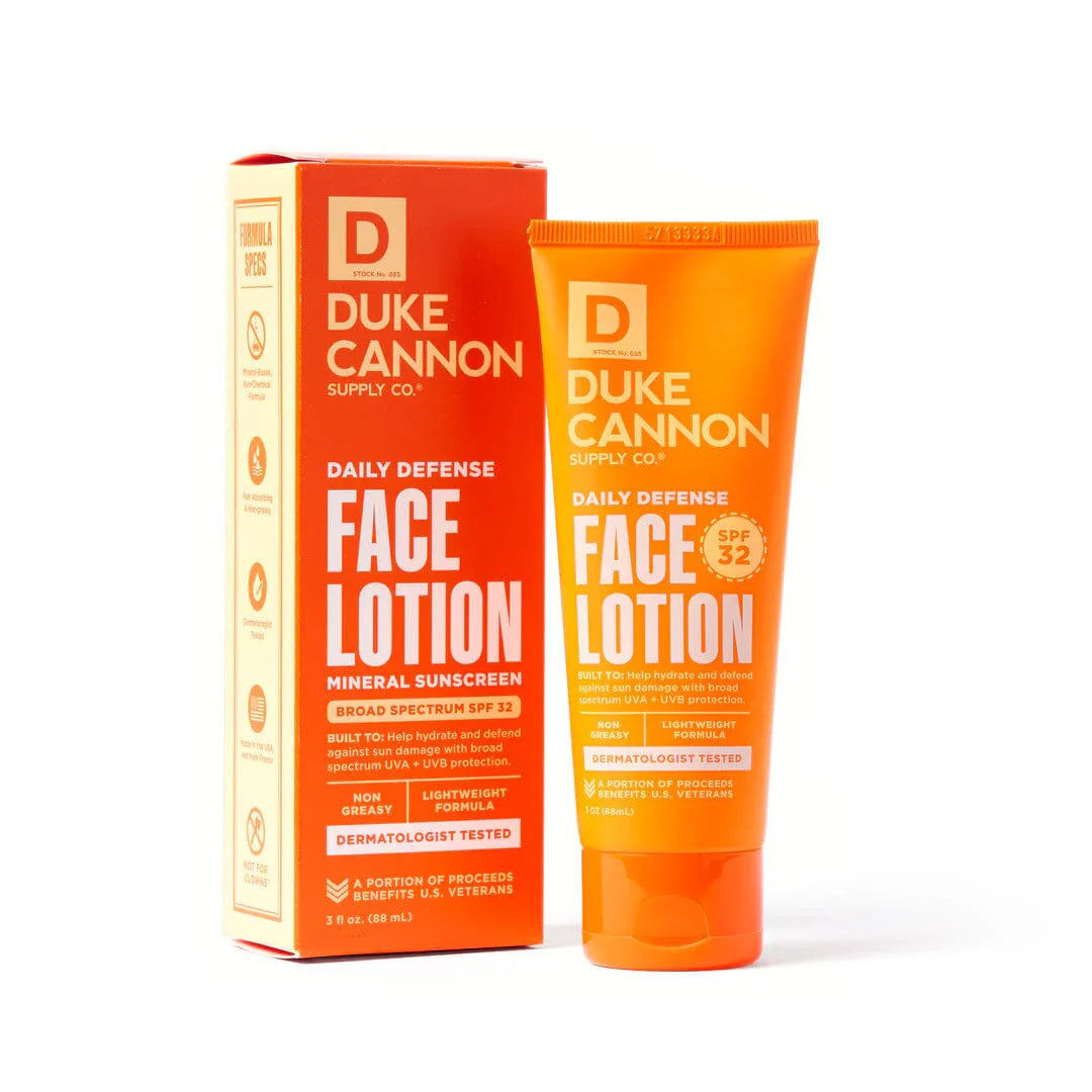 Duke Cannon Daily Defense Face Lotion and packaging on a white background
