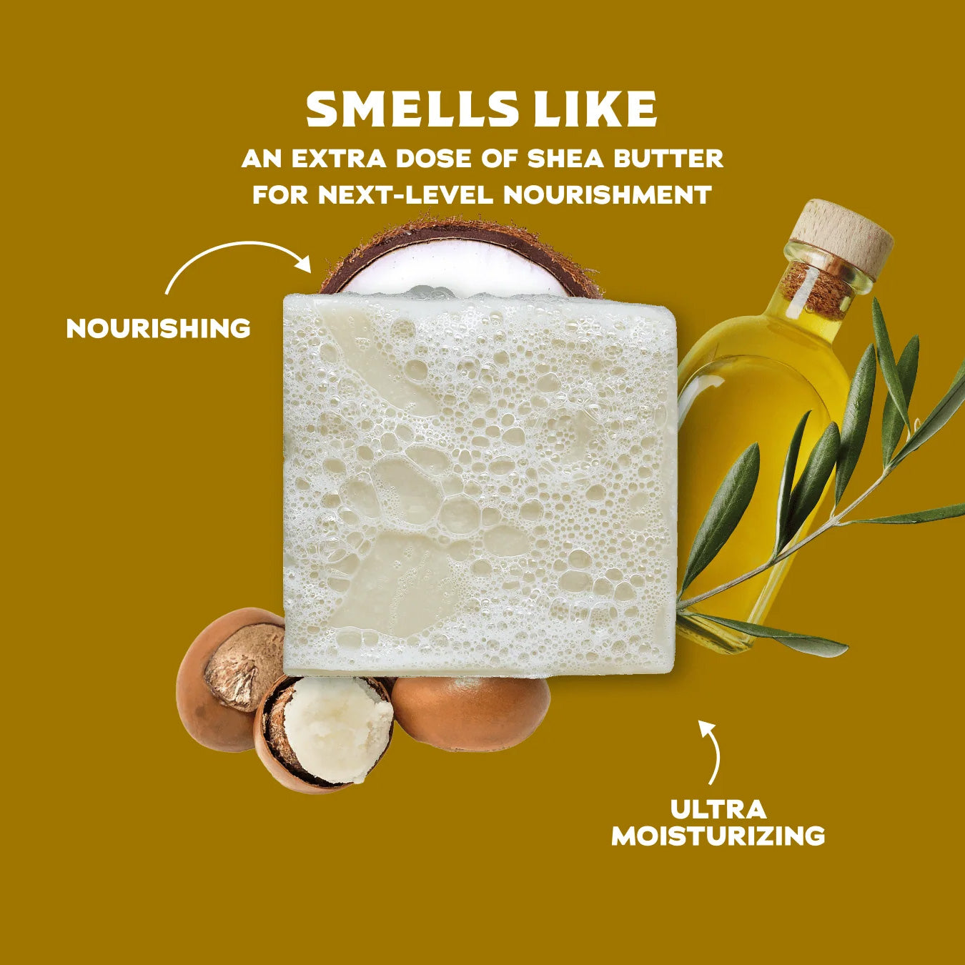 Dr. Squatch nourishing soap bar with coconut, olive oil, and shea butter on a yellow background