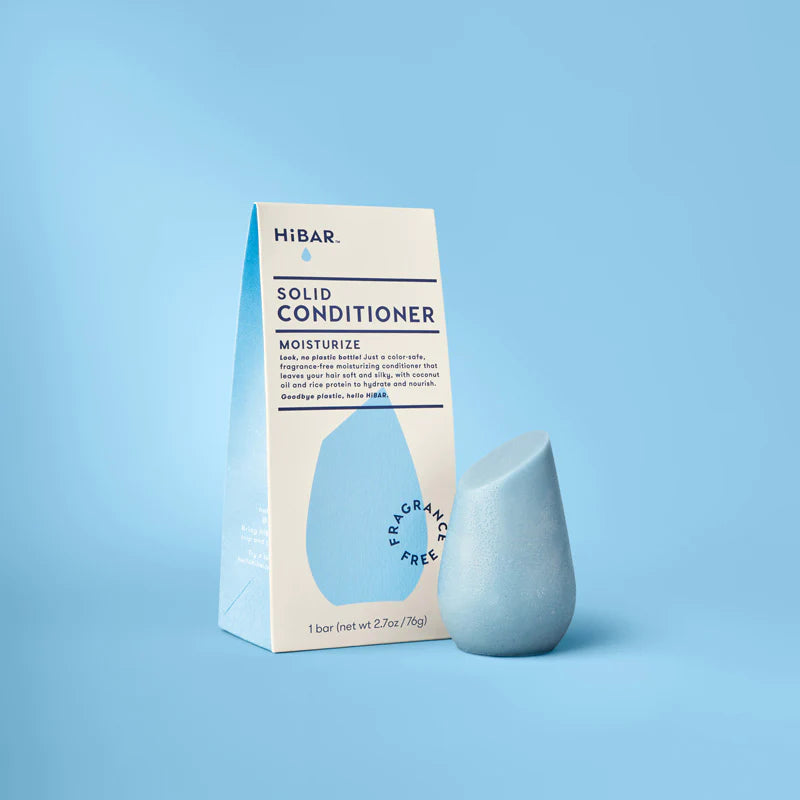 HiBar solid conditioner MOISTURIZE bar alongside its packaging and  is fragrance-free.