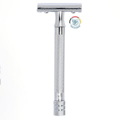 Merkur 23C classic long handle safety razor in chrome finish showing full-length front view with extra-long knurled brass handle, closed comb head, and Made in Germany badge highlighting Solingen craftsmanship
