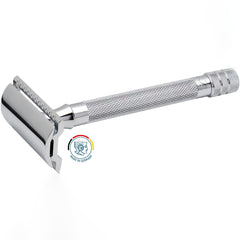Merkur 23C safety razor side angle view displaying the extended handle length, chrome-plated finish, knurled grip texture, three-piece assembly design, and straight safety bar closed comb head with Made in Germany seal