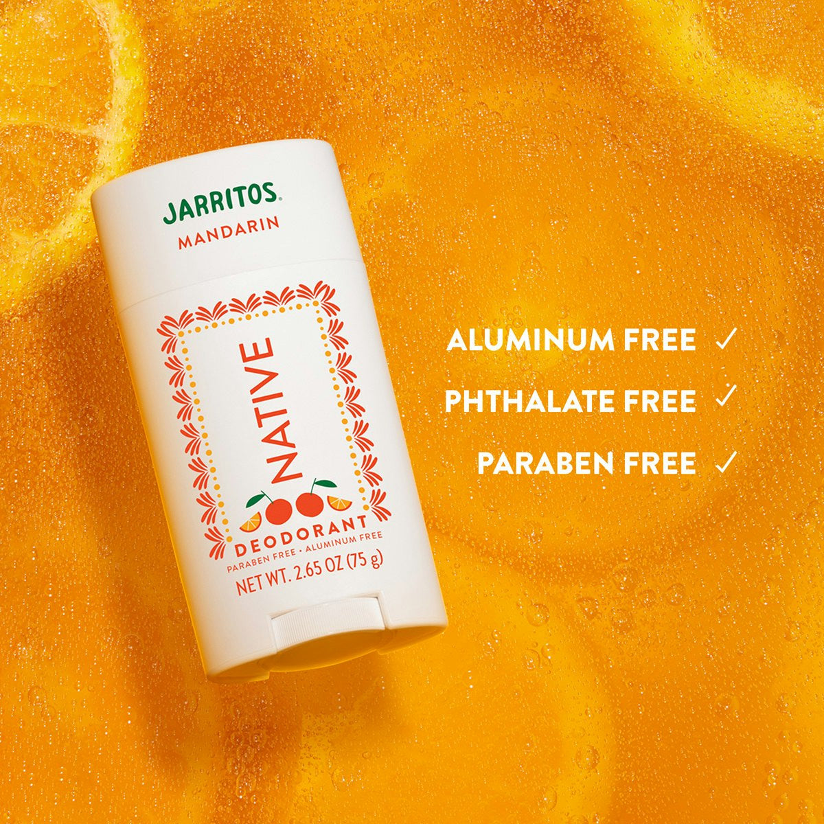 Jarritos Mandarin Native deodorant on a textured orange background