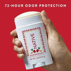 Hand holding a Native Passion Fruit deodorant stick with '72-Hour Odor Protection' text on a red background