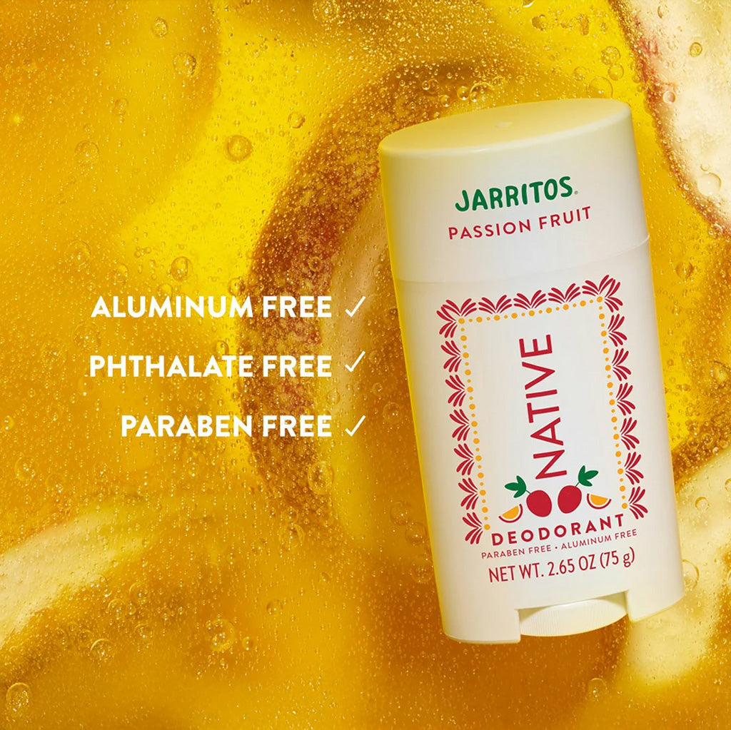 Native Jarritos passion fruit deodorant with 'Native' branding on a yellow background