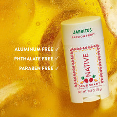 Native Jarritos passion fruit deodorant with 'Native' branding on a yellow background