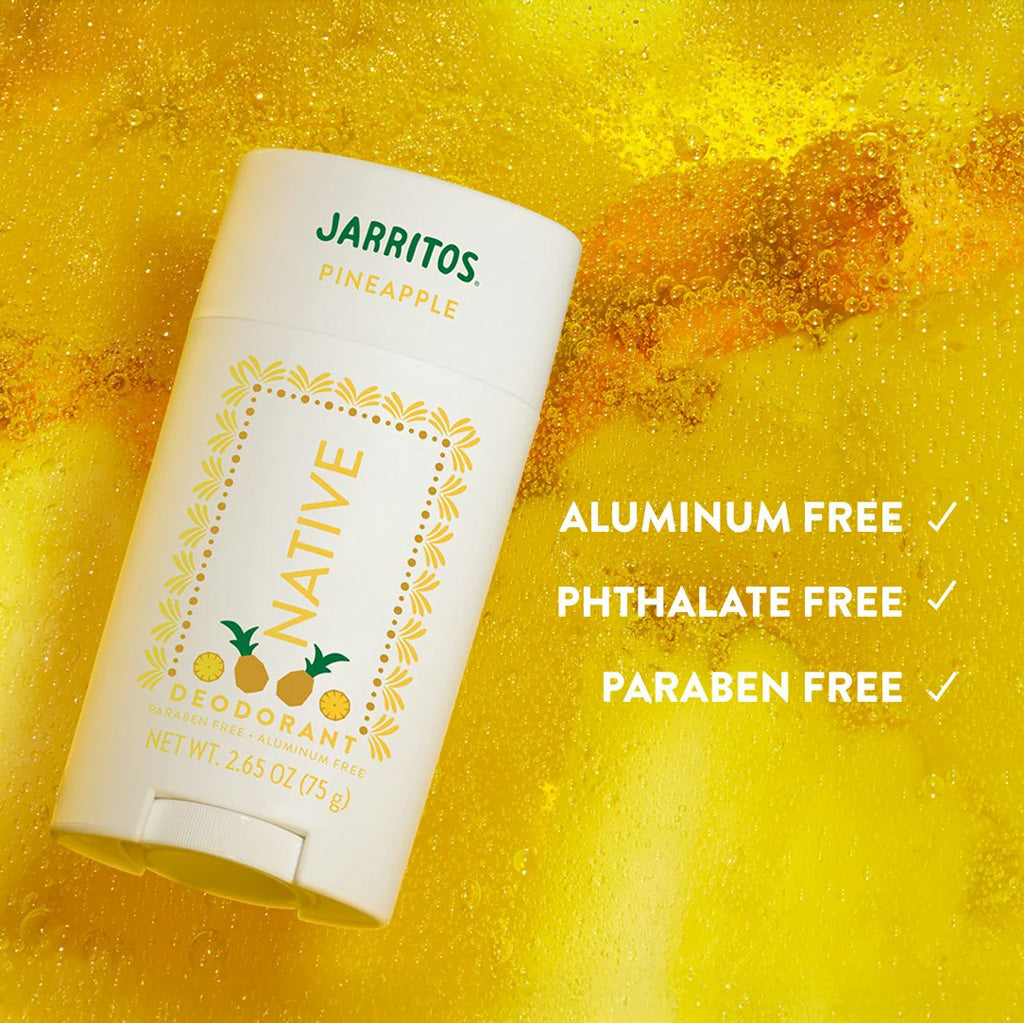 Native x Jarritos Pineapple deodorant stick on a yellow background with 'Native' branding