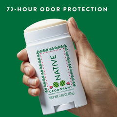 Hand holding a Native deodorant stick with a green background and text about odor protection.