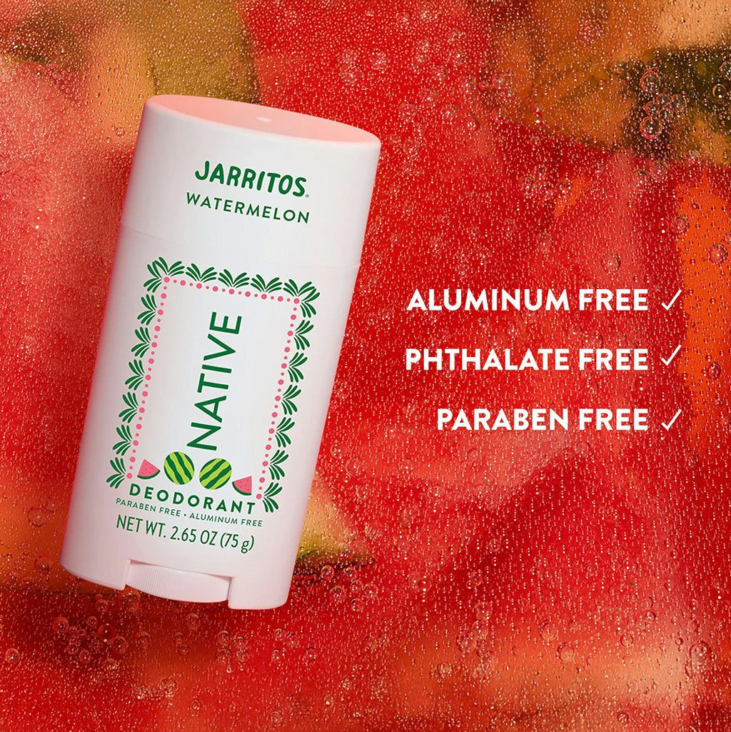 Jarritos watermelon deodorant stick with 'Native' branding on a red background