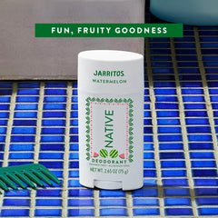 Native Jarritos watermelon deodorant on a blue tiled surface with 'Fun, Fruity Goodness' text above.