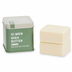 Olive Care Shea butter bar soap set for men with green tin container on a white background