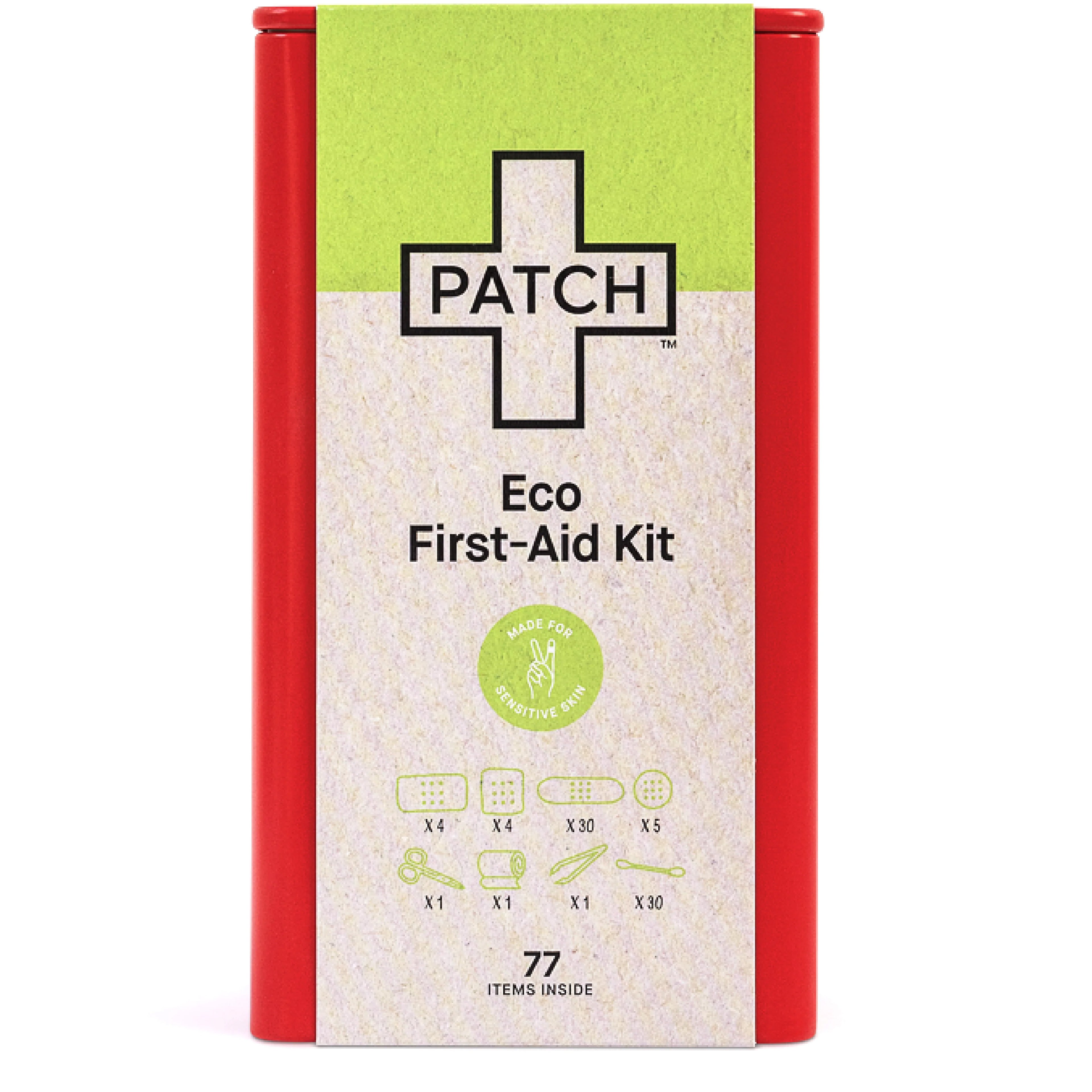 PATCH Eco First-Aid Kit green and cream packaging showing 77 items inside including bandages, scissors, tweezers, and cleaning buds with red metal tin
