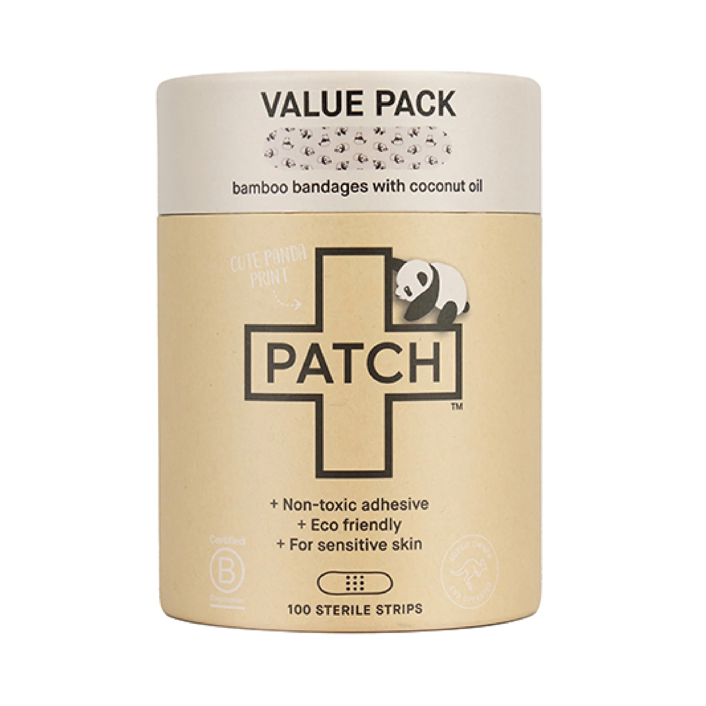 A value pack of PATCH Panda Bamboo Bandages, with coconut oil infused, in a cardboard packaging with a panda graphic and product information.