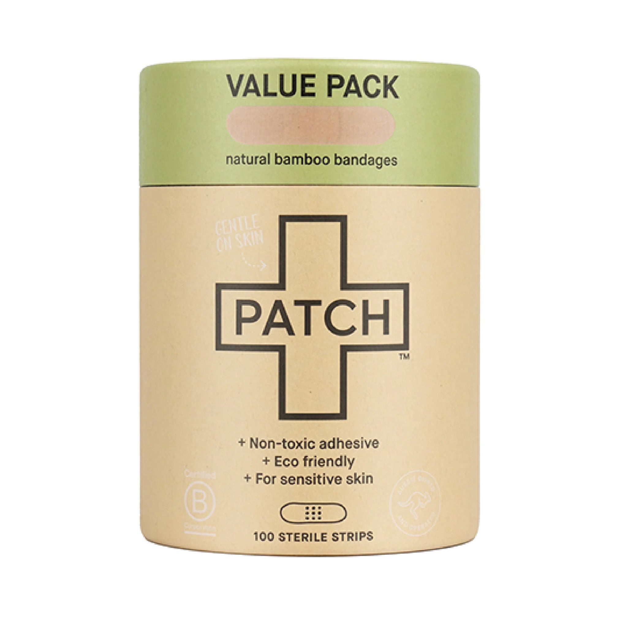 Patch bandage container with green lid and beige body on a white background