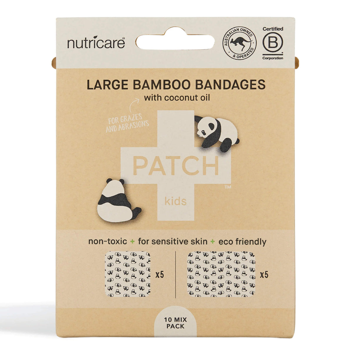PATCH Large Bamboo Bandages for Kids – Panda Print with Coconut Oil (10 Pack)