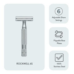 Rockwell 6S adjustable safety razor in matte stainless steel featuring knurled handle and precision-engineered head with visible adjustment capabilities, displayed with callouts showing 6 adjustable shave settings, flippable base plates, and 100% stainless steel construction
