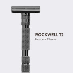 Rockwell T2 dial adjustable safety razor in matte stainless steel showing full-length view with numbered adjustment dial visible marked with settings 2 and 1, knurled grip handle, and precision-engineered butterfly head design