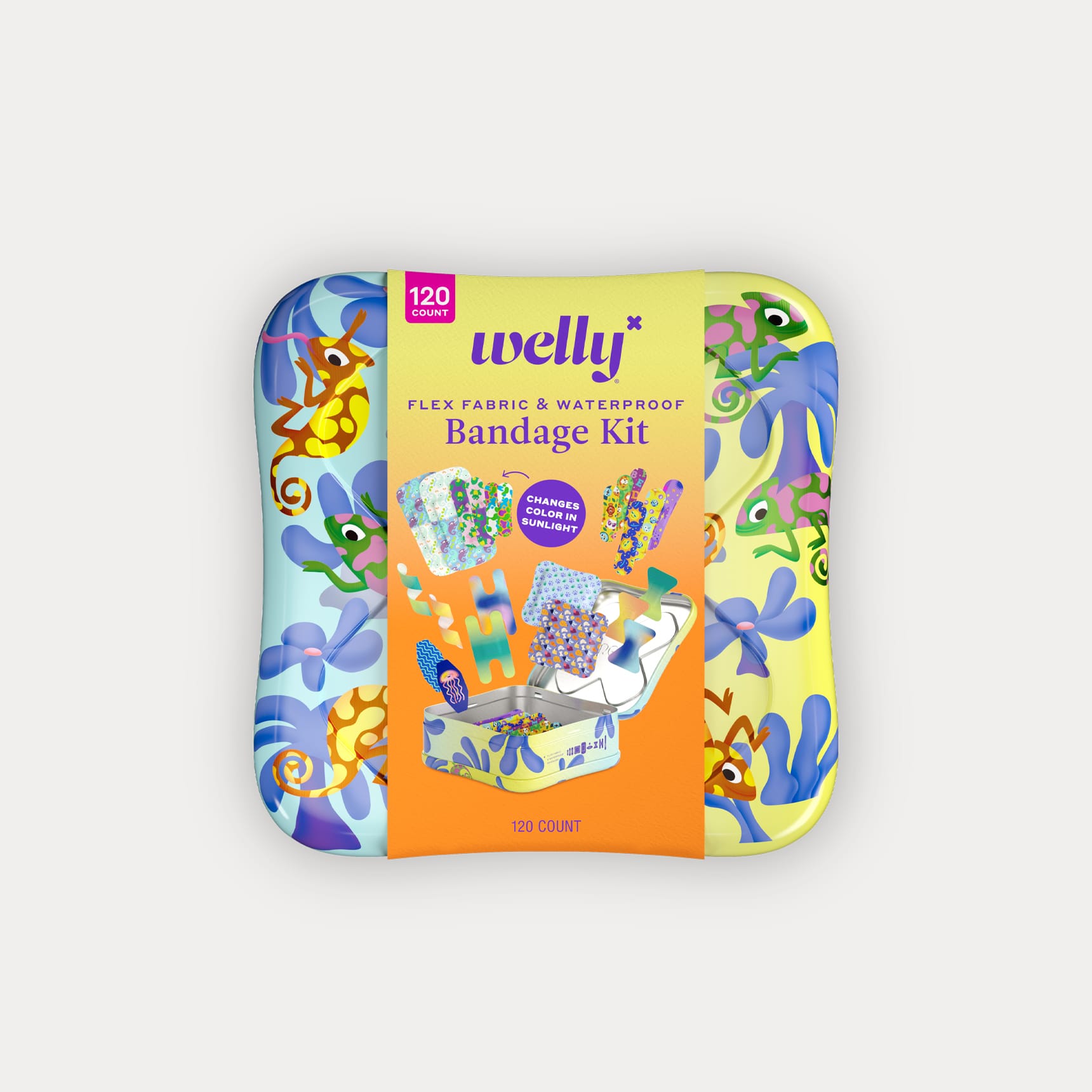 welly-chameleon-bandage-kit-120ct-reusable-tin-front