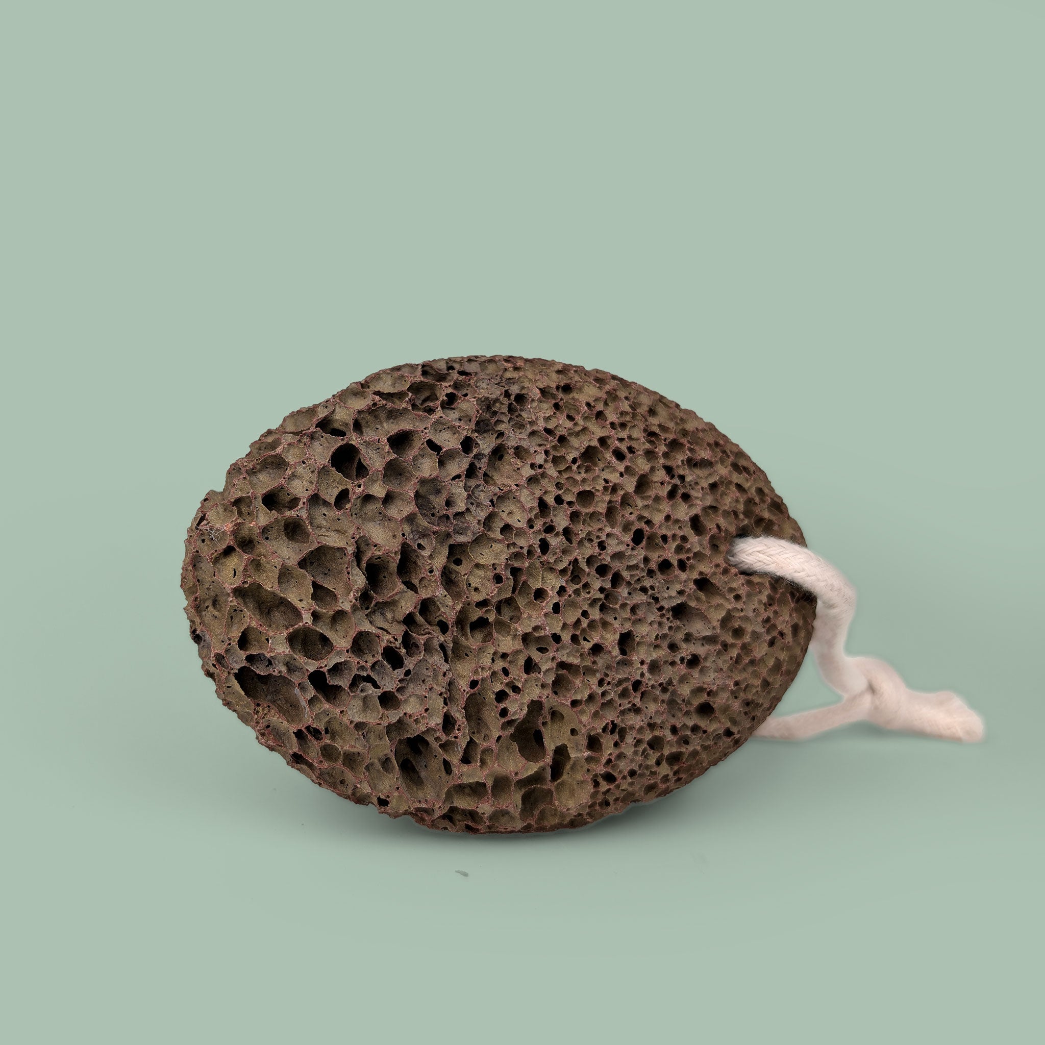 Brown textured pumice stone with a white string on a light green background
