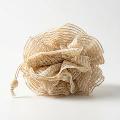 Natural ramie bath pouf with layered mesh construction and cotton hanging cord with wooden bead toggle