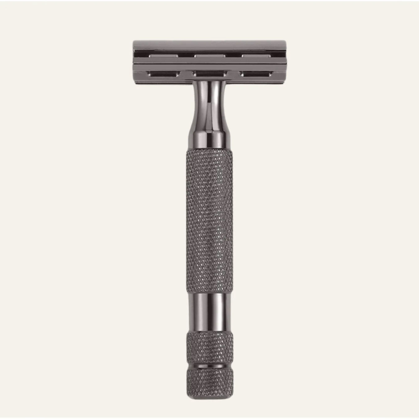 Rockwell 6C adjustable safety razor in gunmetal chrome finish showing diamond-knurled handle and precision blade guard with numbered settings