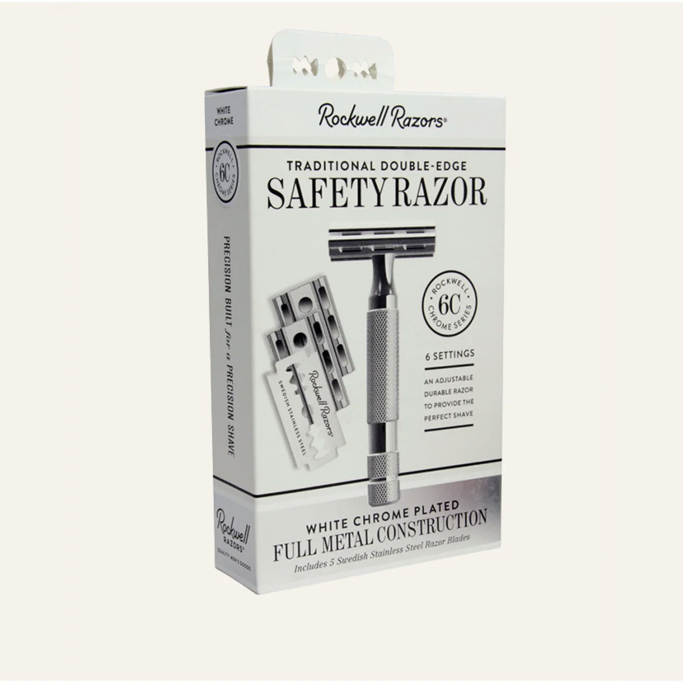 Rockwell 6C traditional double-edge safety razor retail packaging showing white chrome plated full metal construction and 6 settings with included Swedish stainless steel blades
