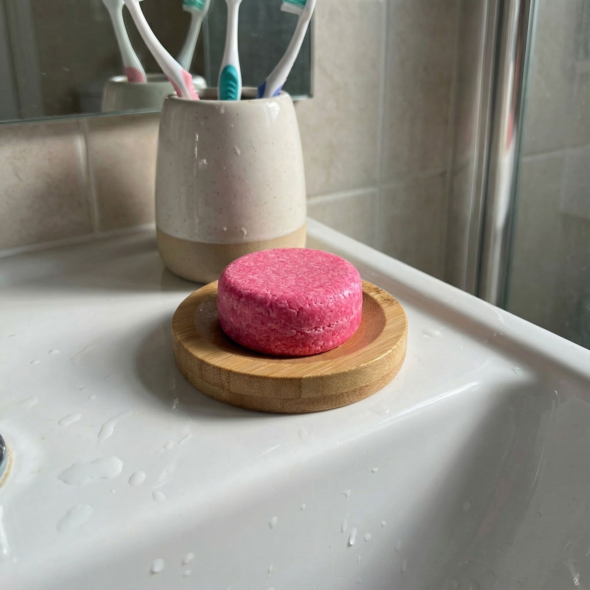 round bamboo shampoo/conditioner dish soap holder