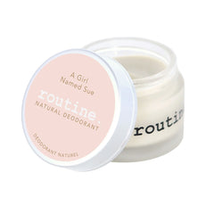 A Girl Named Sue deodorant jar opened showing creamy white natural formula texture - aluminum-free raspberry sage scented deodorant by Routine