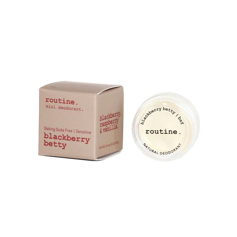 Routine Blackberry Betty baking soda free mini deodorant with opened jar displaying "blackberry betty / bsf" and "routine NATURAL DEODORANT" text on white lid showing gentle berry formula