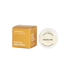 Routine Bonita Applebom deodorant mini - closed glass jar with clear lid showing product name and spice blend details