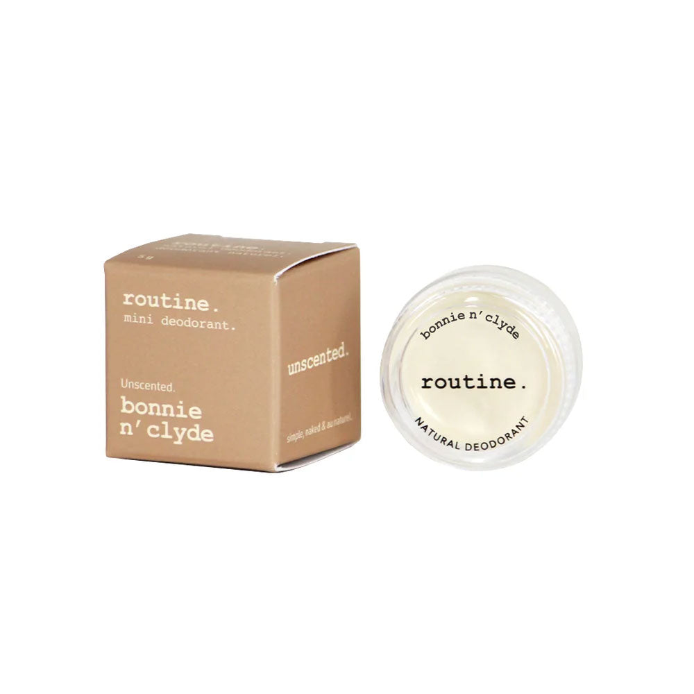 routine Bonnie n Clyde natural deodorant mini - closed glass jar with clear lid showing unscented product details - 5g travel-friendly fragrance-free version