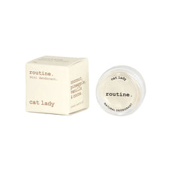 Routine Cat Lady natural deodorant mini - closed glass jar with clear lid showing product name and vegan formula details - 5g travel-friendly beeswax-free version