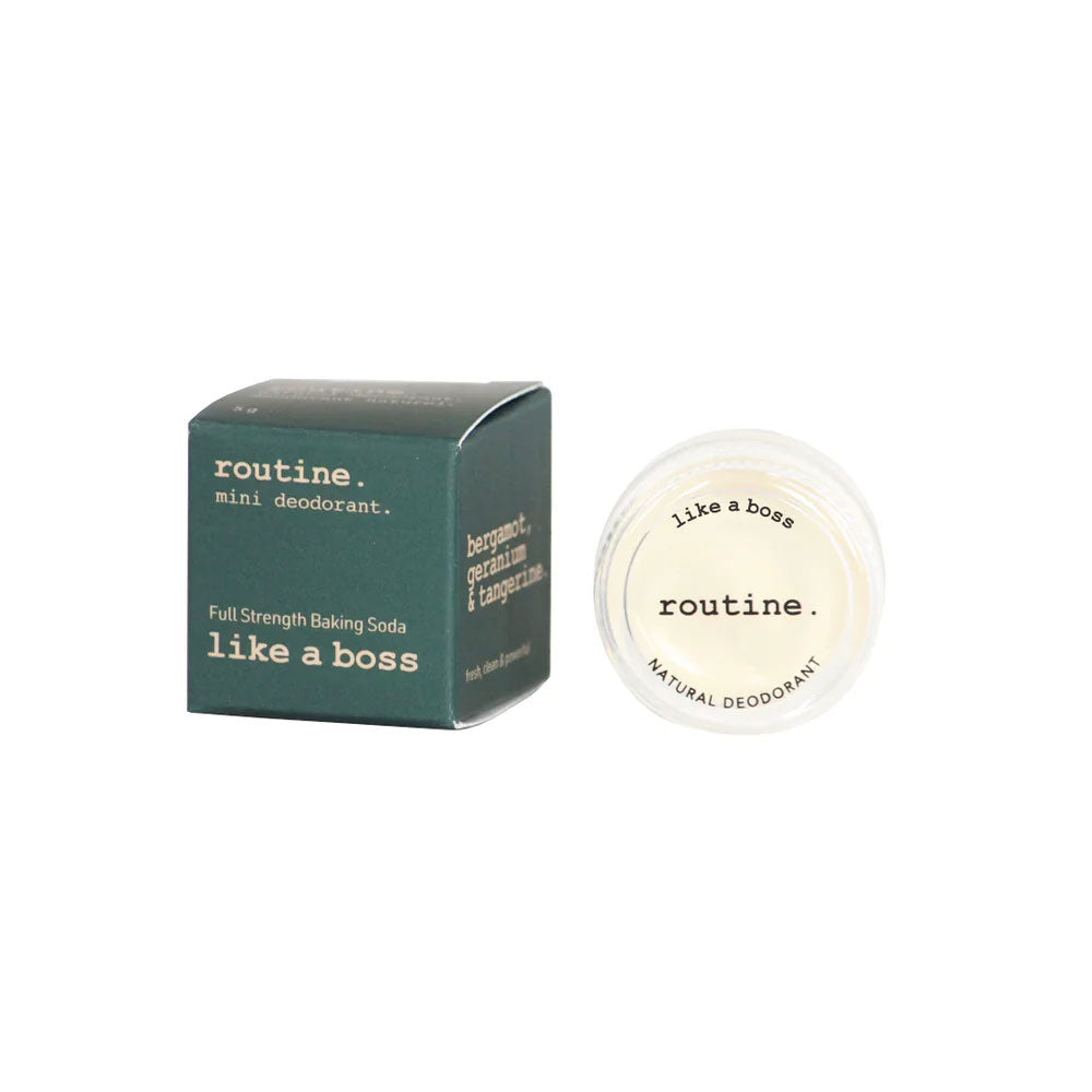 Routine Like A Boss mini deodorant packaging - green box and circular glass jar with white lid displaying product branding - 5g travel-size natural deodorant with bergamot and geranium scent