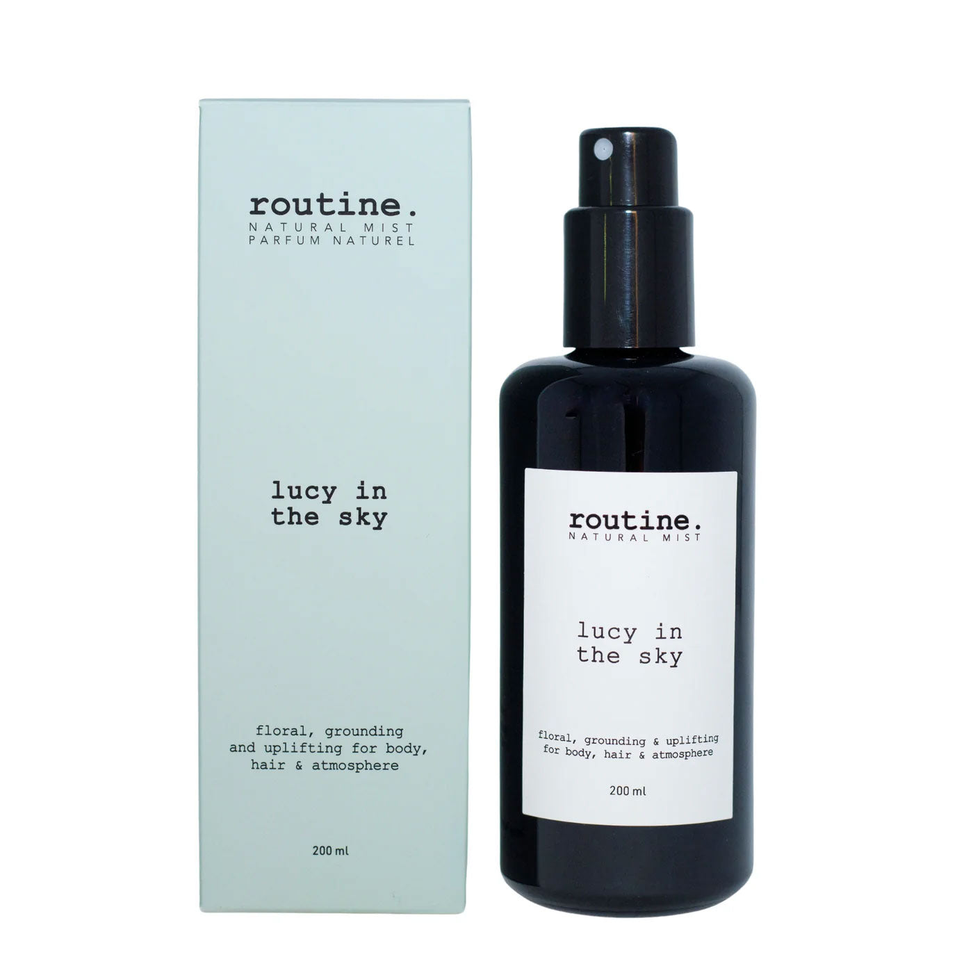 Routine Lucy in the Sky Natural Mist - front view of black glass bottle with pump dispenser and clean white label