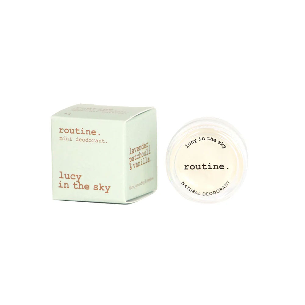 Routine Lucy in the Sky vegan mini deodorant packaging - mint green box and circular glass jar with white lid displaying product branding - 5g travel-size natural deodorant with calming floral scent profile