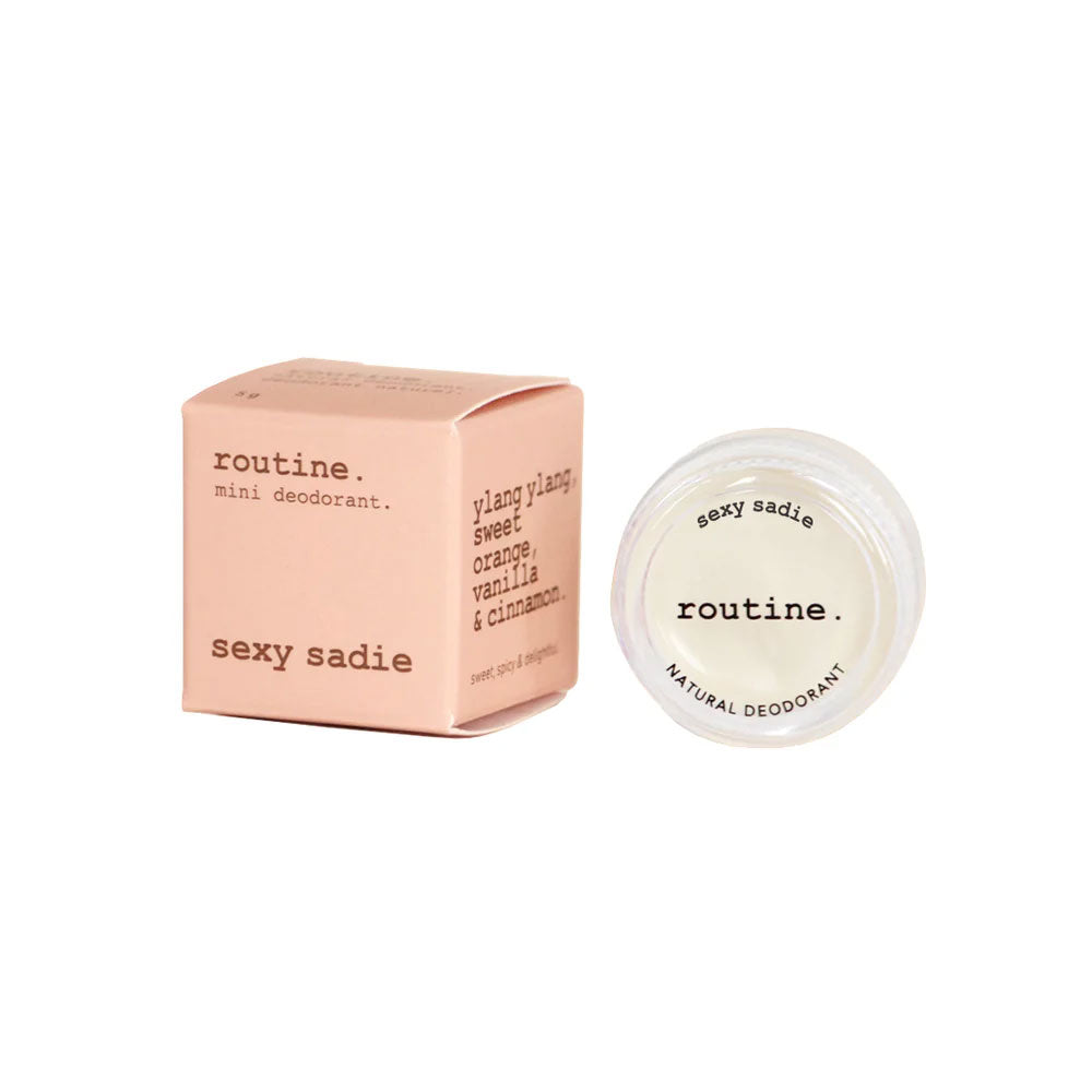 Routine Sexy Sadie vegan mini deodorant packaging - coral pink box and circular glass jar with white lid displaying product branding