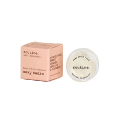 Routine Sexy Sadie mini deodorant with opened jar displaying "sexy sadie / bsf" and "routine NATURAL DEODORANT" text on white lid showing baking soda free formula